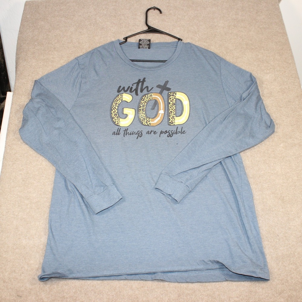 Love in Faith With God All Things Are Possible Blue Graphic Tee 2XL Long Sleeve